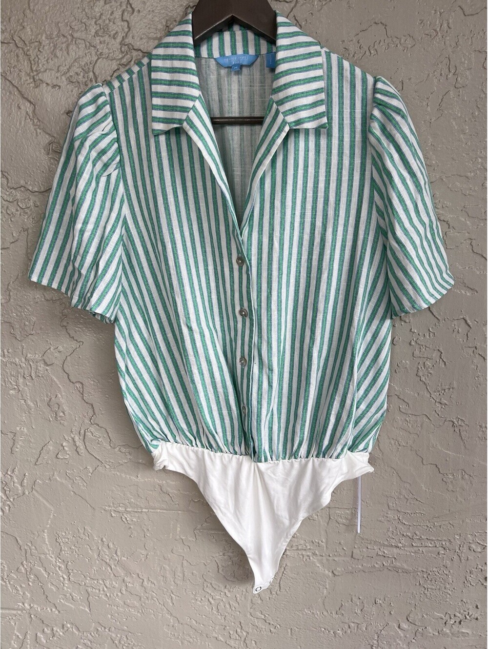 Draper James Striped Linen Blend Button Front Bodysuit Size M Womens.